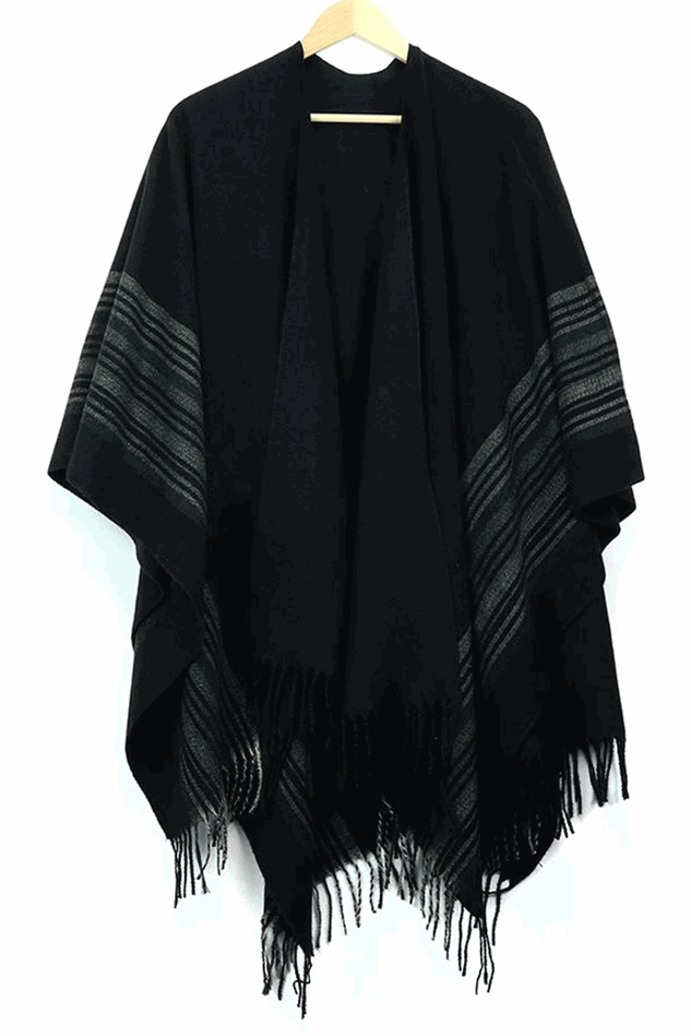 Picture of Pom Black Wrap Poncho with striped border and tassels