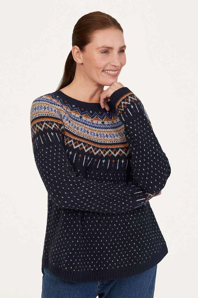 Picture of Thought Freayer Organic Cotton Fluffy Fair Isle Jumper - Navy