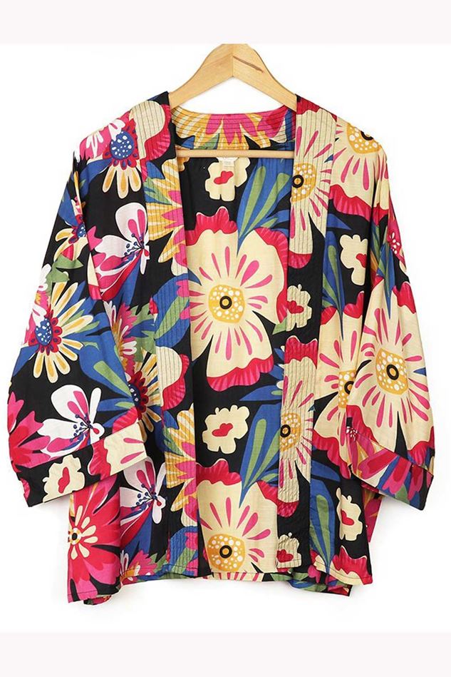 Picture of Pom Coral and Blue Mix Hibiscus Print Kimono